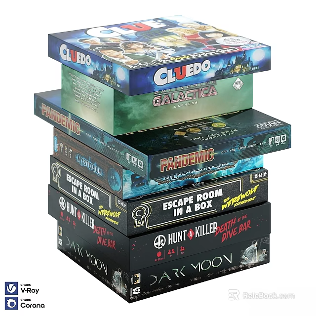 Stacked Board Game Boxes Featuring Adorable Collectible Character Dolls 3d model