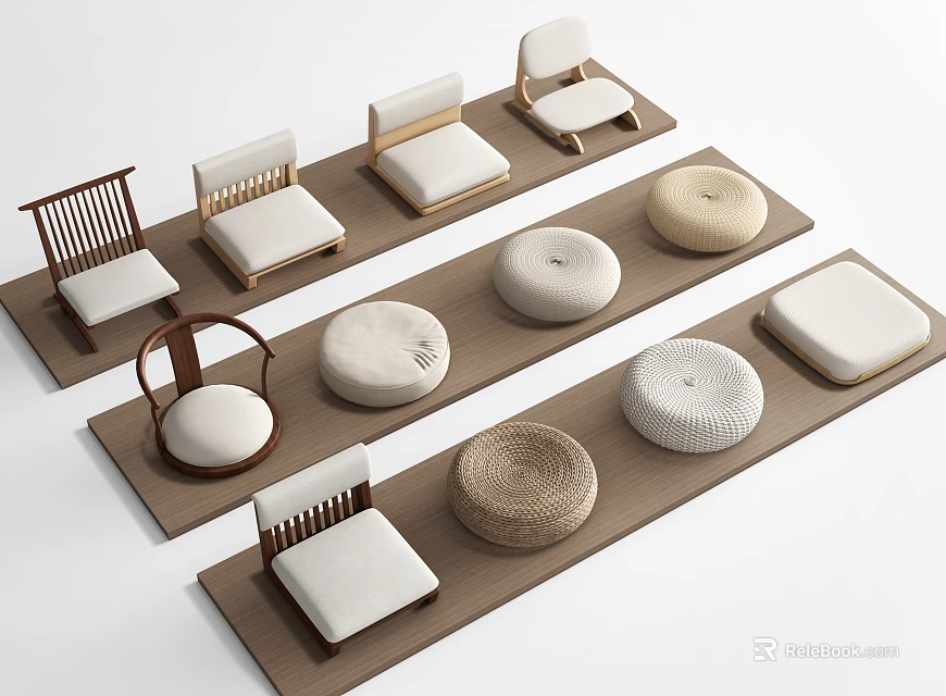 Modern Stools In Different Styles With Wooden Frames And Fabric Seats 3d model