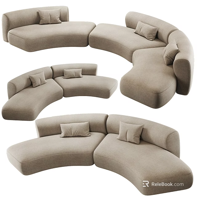 Beige Curved Sectional Sofa With Soft Fabric Cushions Shown From Various Angles 3d model 