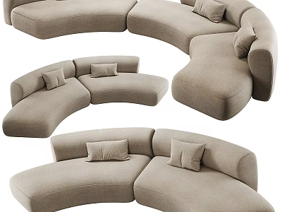 Beige Curved Sectional Sofa With Soft Fabric Cushions Shown From Various Angles 3d model