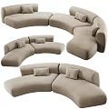 Beige Curved Sectional Sofa With Soft Fabric Cushions Shown From Various Angles