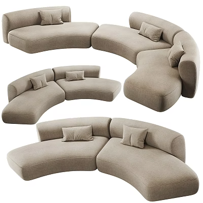 Beige Curved Sectional Sofa With Soft Fabric Cushions Shown From Various Angles 3d model