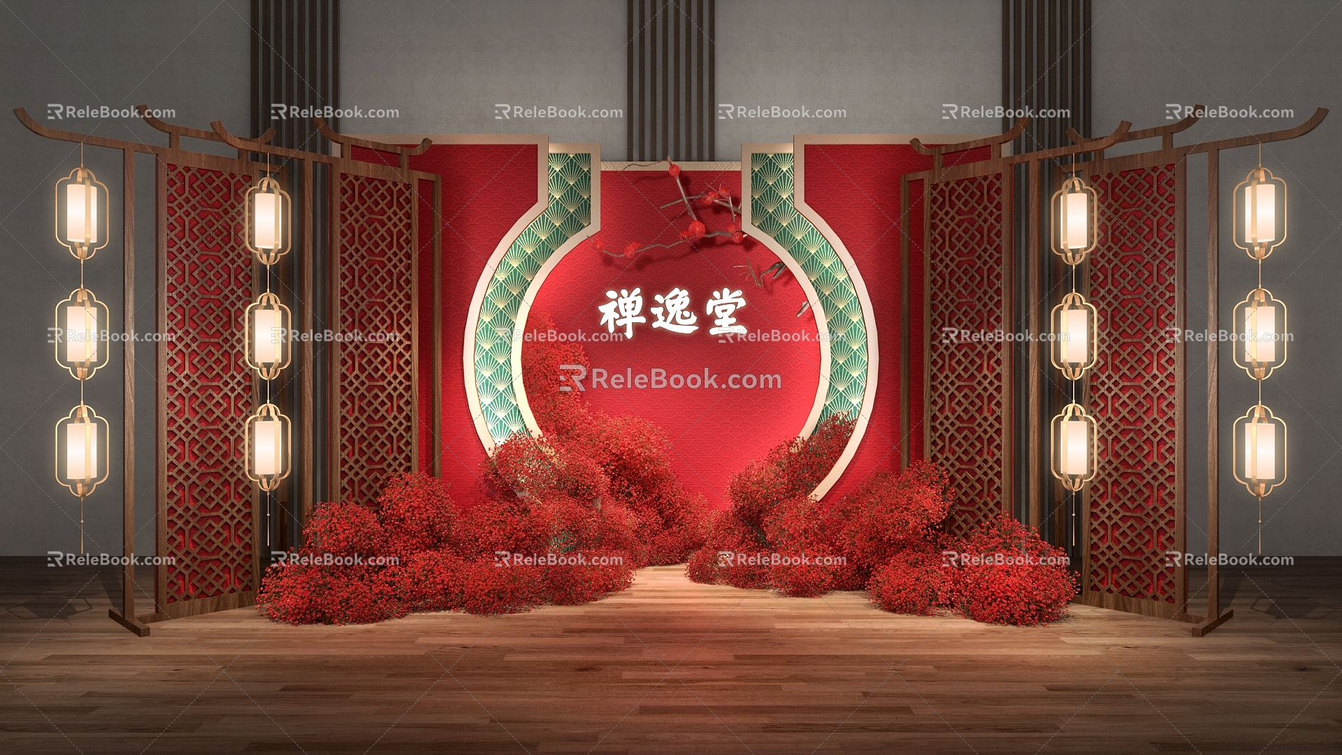 Chinese New Chinese Chinese Sign-in Chinese Wedding Sign-in Wall Shadow Wall Card Wall Lantern Red Flower Chinese Window Frame Chinese Screen Sky Stars 3d model