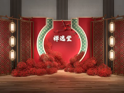Chinese Style Red Floral Art Display With Circular Decoration And Lanterns On Wooden Floor 3d model