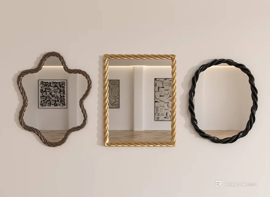 Three Decorative Wall Mirrors With Different Shapes Hanging On Wall 3d model 