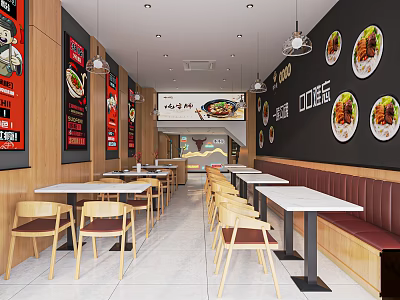 Modern Restaurant Interior With Wooden Chairs Dining Tables Booth Seating And Wall Menu Posters 3d model
