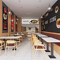 Modern Restaurant Interior With Wooden Chairs Dining Tables Booth Seating And Wall Menu Posters