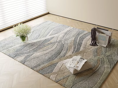 Square Area Rug with Wavy Pattern Neutral Tones on Wooden Floor with Vase and Magazines 3d model