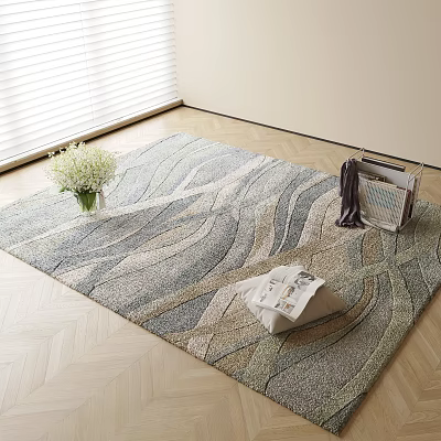 Square Area Rug with Wavy Pattern Neutral Tones on Wooden Floor with Vase and Magazines 3d model