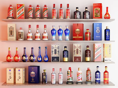Colorful Wine Bottles And Glasses Collection On Shelves With Assorted Styles 3d model