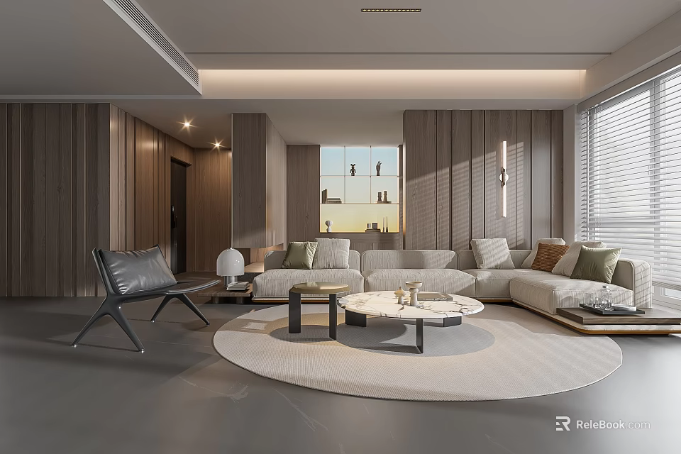 Modern Living Room With Wooden Walls Light L Shaped Sofa Round Rug And Coffee Tables 3d model 