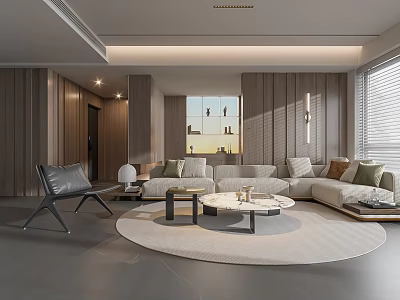 Modern Living Room With Wooden Walls Light L Shaped Sofa Round Rug And Coffee Tables 3d model