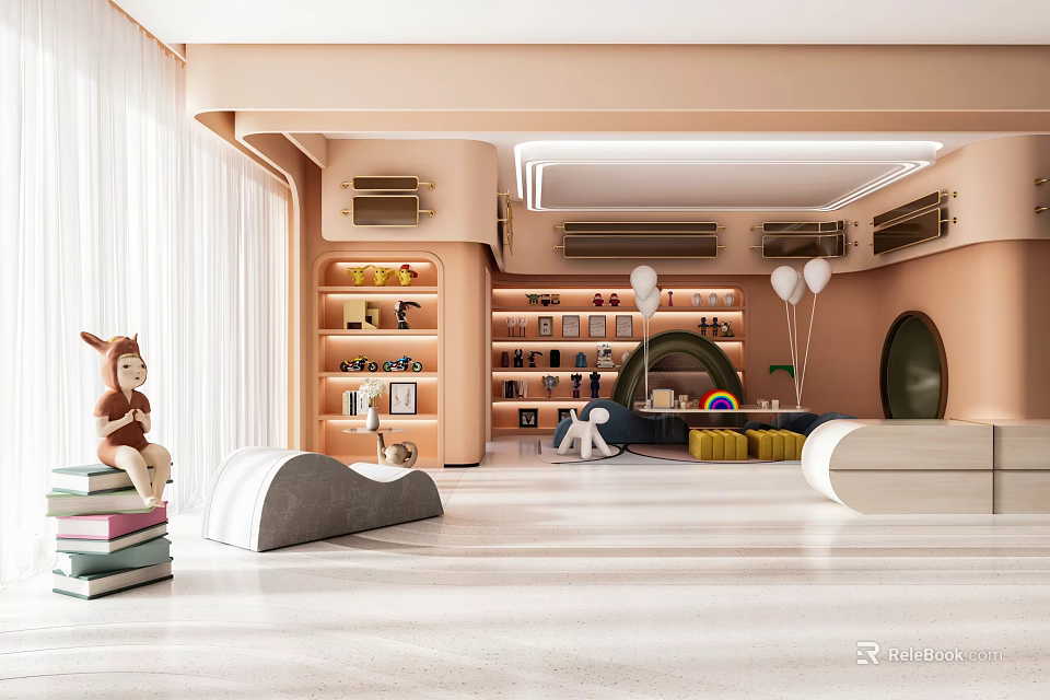 Modern Playroom With Warm Tones Shelves Toys And Balloons 3d model 
