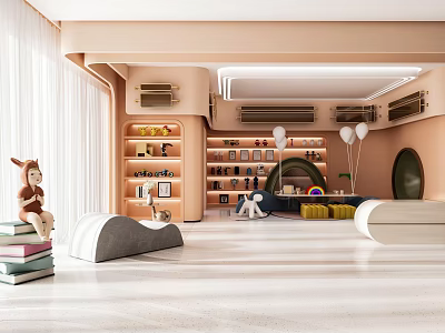 Modern Playroom With Warm Tones Shelves Toys And Balloons 3d model
