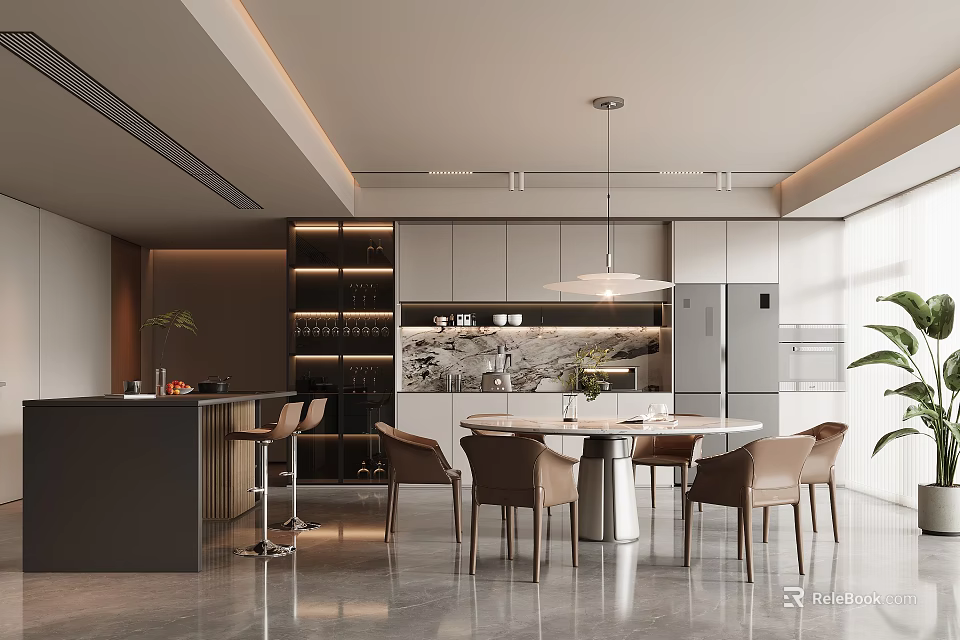 Luxury Modern Restaurant Interior Featuring Marble Dining Table And Pendant Lights 3d model