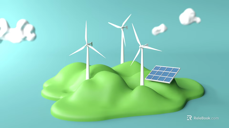 Children's Play Area With Wind Turbines Solar Panels Green Hills And Blue Sky 3d model 