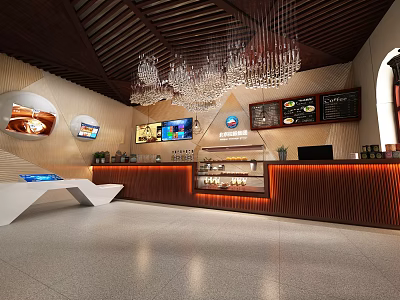 Modern Café Interior Design With Chandeliers Wooden Ceiling Counter And Menu Boards 3d model