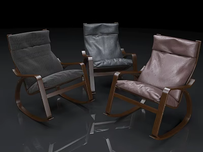 Three Modern Rocking Chairs With Wooden Frames And Colorful Upholstered Seats 3d model