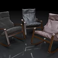 Three Modern Rocking Chairs With Wooden Frames And Colorful Upholstered Seats