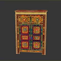 Traditional Wooden Cabinet With Colorful Painted Design Intricate Patterns And Decorative Doors