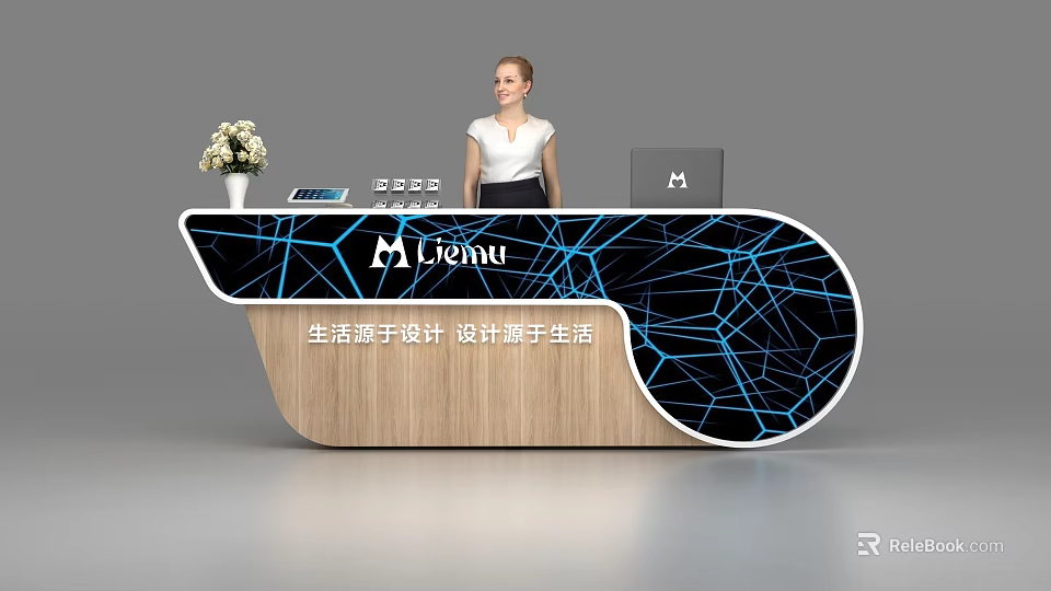 Modern Mioniu Reception Desk With Black Blue Line Pattern Wooden Base And Staff 3d model 