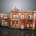 Vintage Red Brick Building Model With Multi Story Windows Door And Decorative Roof Details