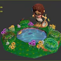 Natural Scene With Green Grass Small Pond Colorful Flowers Butterflies Flying Little Girl Holding Net
