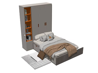 Modern Bedroom Interior With Bed Wardrobe Pillows Blanket And Area Rug 3d model
