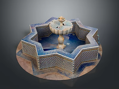Octagonal Decorative Fountain With Blue Tile Patterns And Central Water Spout 3d model