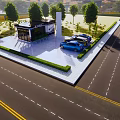 Modern Glass Building In Landscaped Garden With Green Hedge Lawn And City Road