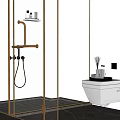 Wall Hung Toilet In Modern Bathroom With Bronze Shower Fixture And Marble Floor