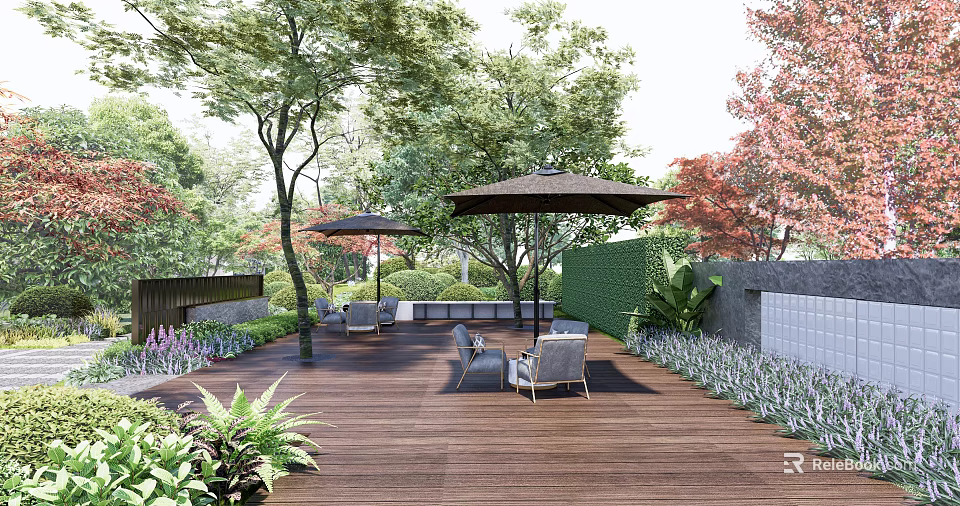 Lush Green Garden Wall With Outdoor Wooden Deck Seating Umbrellas Trees And Greenery 3d model 