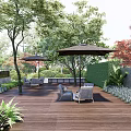 Lush Green Garden Wall With Outdoor Wooden Deck Seating Umbrellas Trees And Greenery