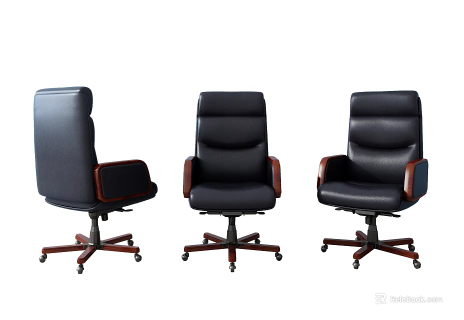 Black Leather Office Chair With Wooden Armrests And Swivel Wheels Base 3d model 