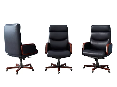 Black Leather Office Chair With Wooden Armrests And Swivel Wheels Base 3d model