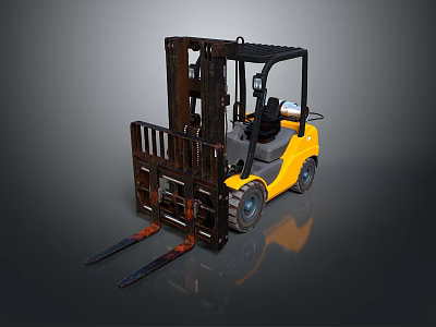 Yellow Industrial Forklift With Black Cab And Metal Forks On Gray Surface 3d model