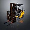 Yellow Industrial Forklift With Black Cab And Metal Forks On Gray Surface