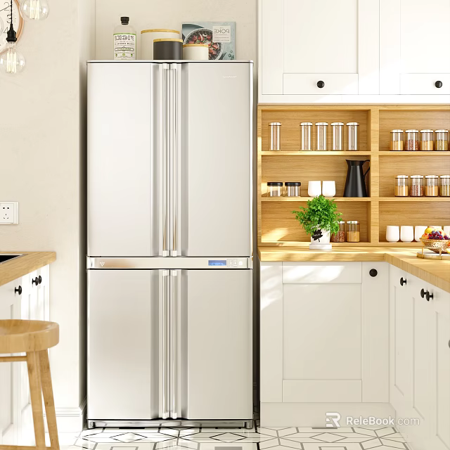 Modern Kitchen With Stainless Steel Refrigerator White Cabinets Wooden Shelves And Green Plant 3d model 