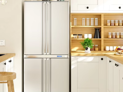 Modern Kitchen With Stainless Steel Refrigerator White Cabinets Wooden Shelves And Green Plant 3d model