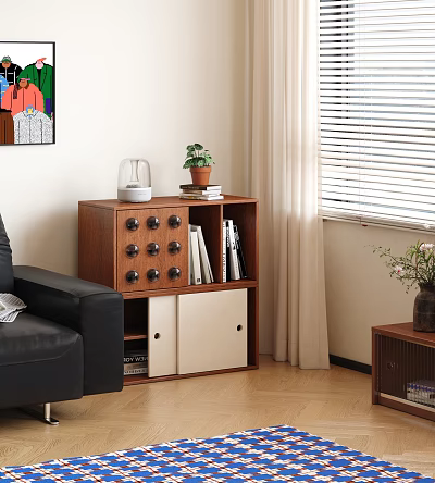 Wooden Storage Cabinet in Living Room with Drawers Doors Decorative Plants and Books 3d model