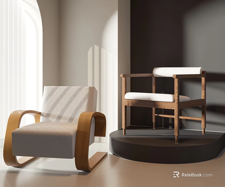 Modern Leisure Chair With Curved Wooden Armrest And White Comfortable Cushion Design 3d model 