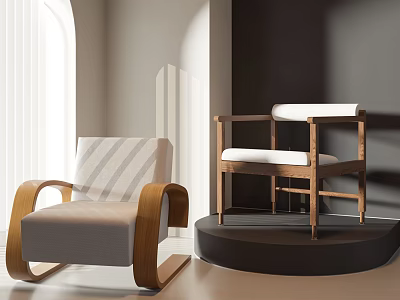 Modern Leisure Chair With Curved Wooden Armrest And White Comfortable Cushion Design 3d model