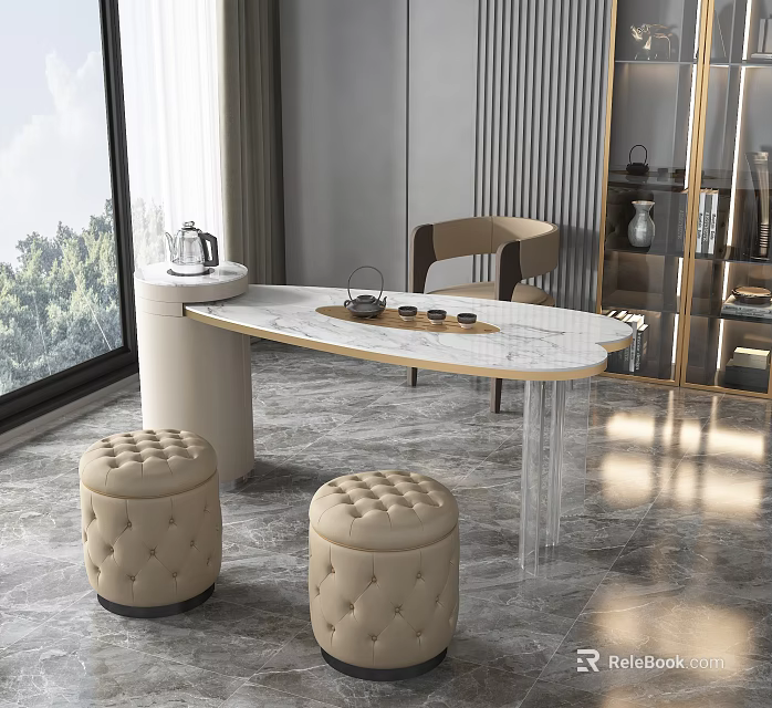 Modern Tea Table Set With Marble Top Leather Stools And Window View 3d model