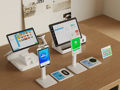 Modern Commercial Equipment Setup With POS Systems Mobile Payment Devices And QR Scanners 3d model