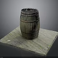 Rustic Wooden Barrel With Metal Hoops Placed On Weathered Wooden Plank Platform