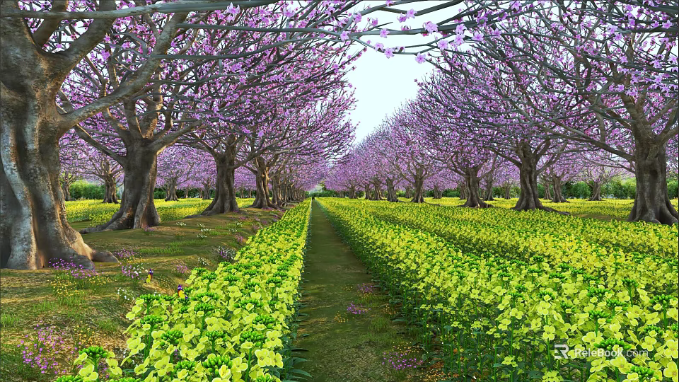 Scenic View of Purple Blossom Trees With Yellow Flower Fields And Central Pathway 3d model 