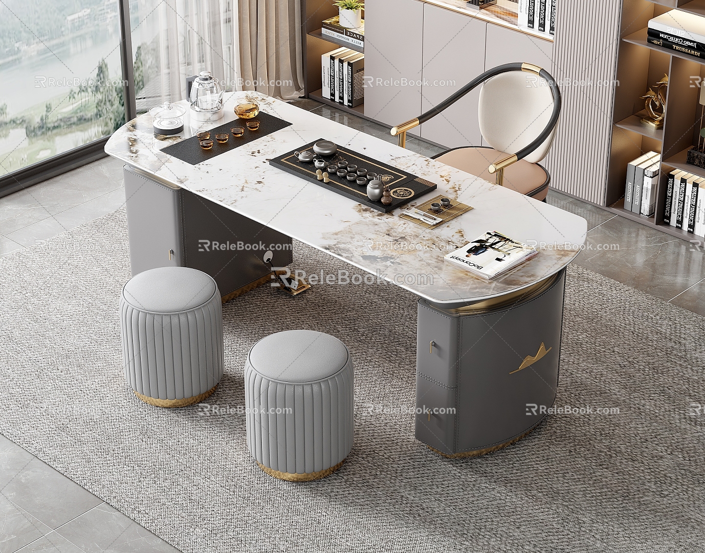 Modern Marble Tea Table and Chair Combination Rock Board Tea Table Leather Single Chair Sofa Stool Decorative Cabinet Tea Set Supplies 3d model