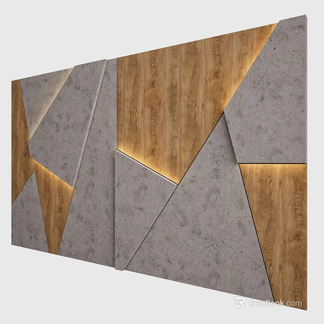 Modern Geometric Sofa Background Wall With Wood And Gray Stone Panels And Lighting 3d model 
