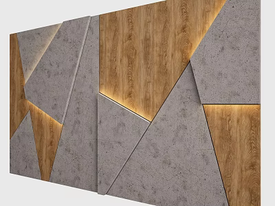 Modern Geometric Sofa Background Wall With Wood And Gray Stone Panels And Lighting 3d model