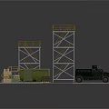 Military Scene With Metal Tower Green Container Yellow Crate Black Vehicle And Gray Platform